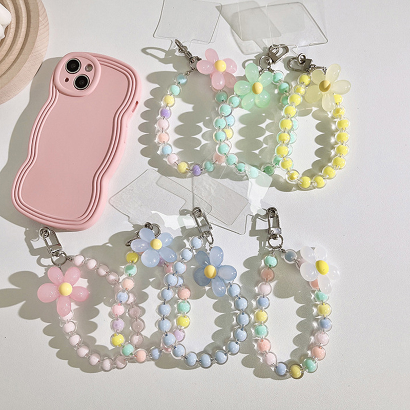 Korean Colorful Flower Beaded Mobile Phone Charm Strap Chain Lanyard Women Girl Jewelry Phone Holder Beads Pendant