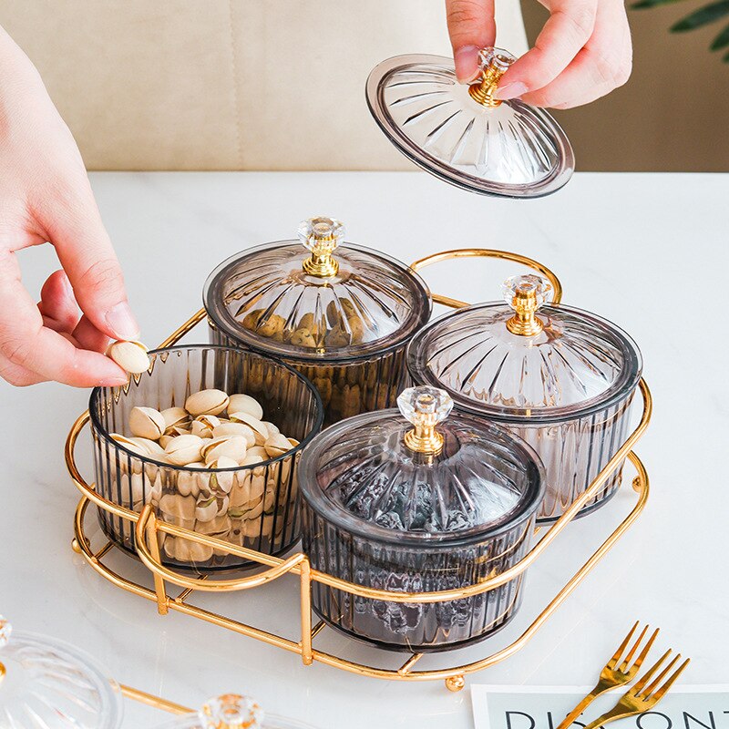 Nordic Dried Fruit Snack Tray Transparent Glass Candy Snack Grid Tray Set With Cover Metal Rack Household Kitchen Accessories