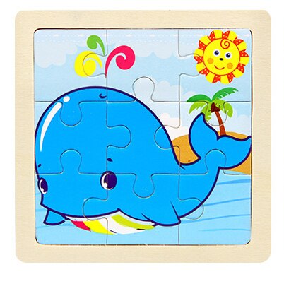 Mini Size 11*11cm Wooden 3D Cartoon Puzzle Jigsaw for Children Kids Cartoon Animal/traffic Puzzles Educational Toy Girl Boy: whale