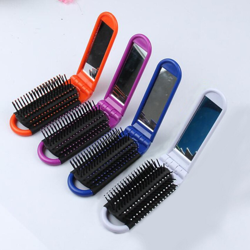 Cepillo plegable para el pelo portátil de viaje con espejo, peine de bolsillo de peluquería, tamaño de bolsillo, monedero, peines de pelo de viaje