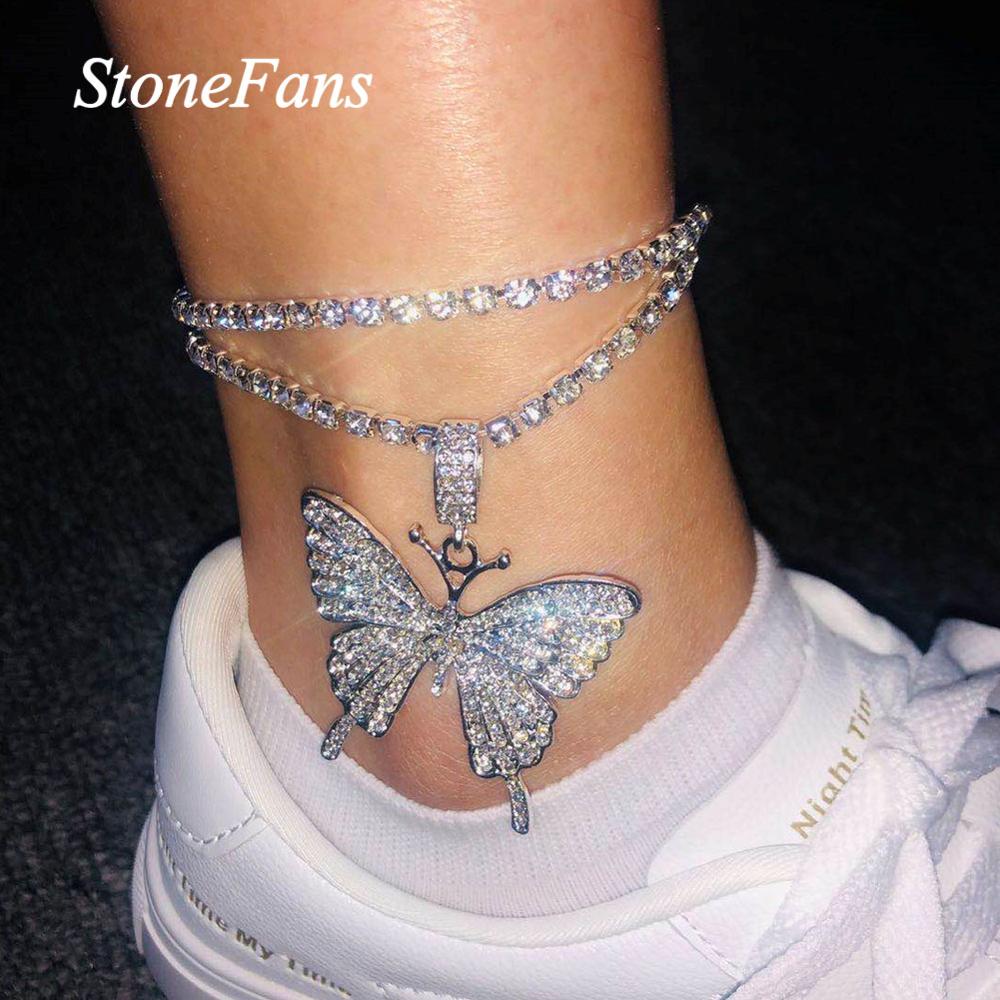 Stonefans Bling Tennis chaîne grand papillon cheville strass pour les femmes papillon pendentif cheville pied chaîne bijoux