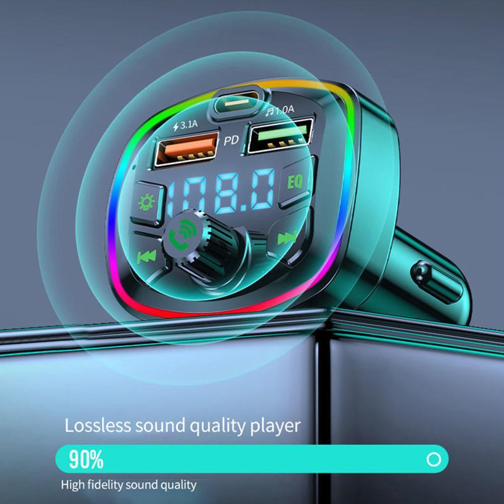 Allume-cigare Bluetooth 5.0 pour voiture, transmetteur FM PD 18W, double USB 4.8A de Type C, lumière ambiante colorée, lecteur de musique MP3