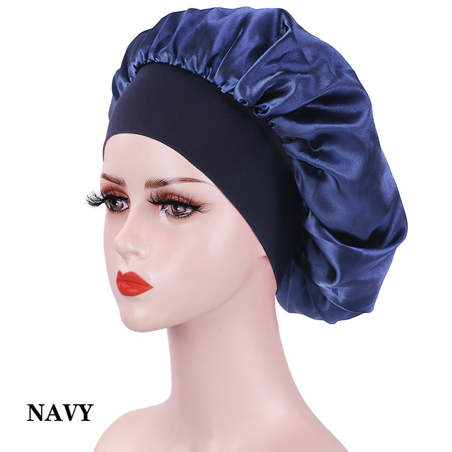 Wide Elastic Band Women Satin Night Sleep Cap Hair Bonnet Hat Silk Head Cover Women&#39;s Satin Solid Sleeping Hat Night Sleep Cap: NAVY