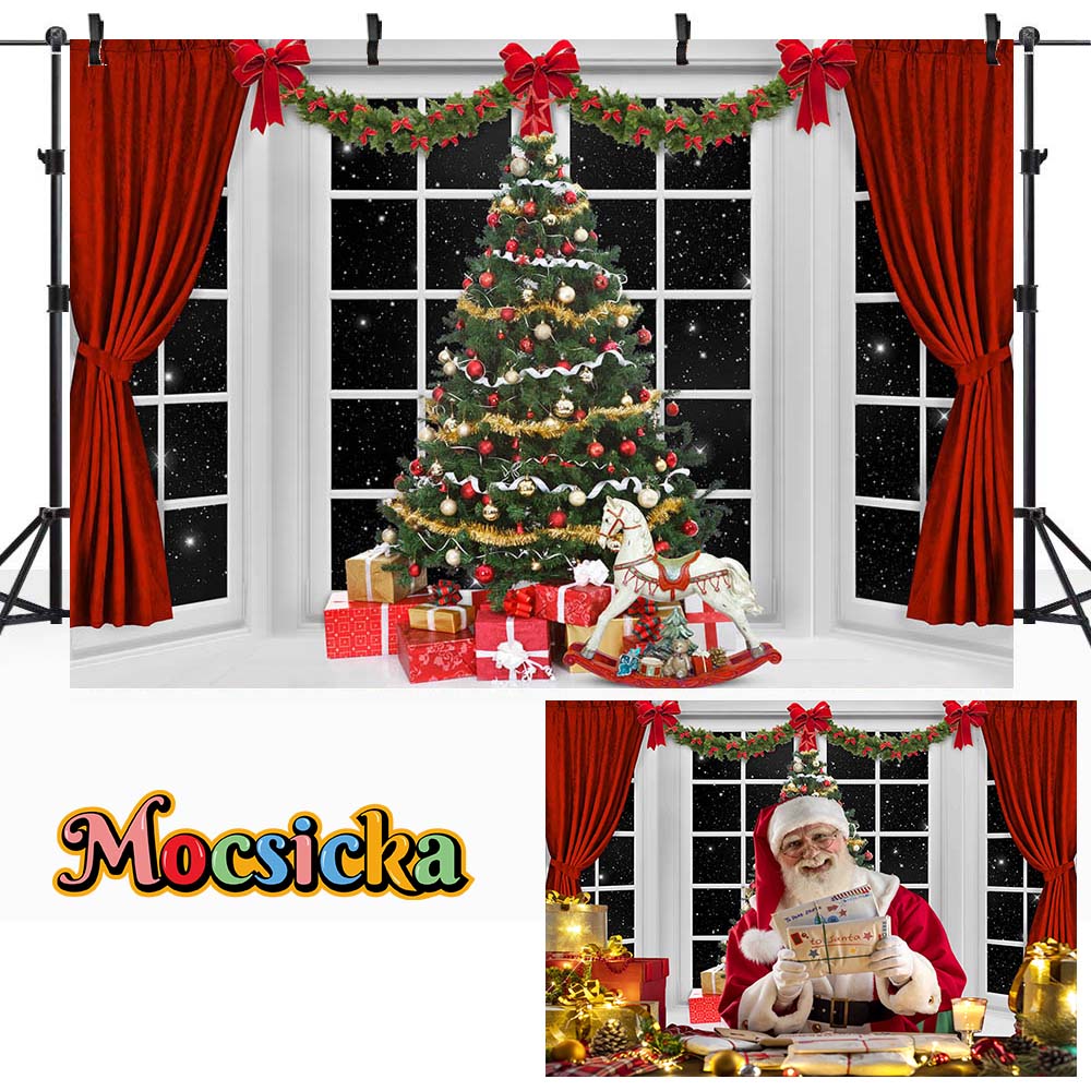 Mocsicka Christmas Backdrop Red Curtains Window Christmas Tree Background for Photo Studio Portrait Photography Photoshoot Props: SKY BLUE / 1500*2200