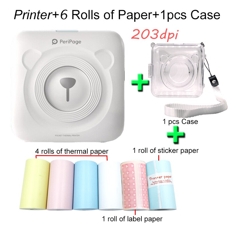 Peripage A6 Photo imprimante d'étiquettes thermiques Mini poche Portable autocollant imprimante impression sans encre pour téléphone Portable android iOS Windows: White 6 paper Case