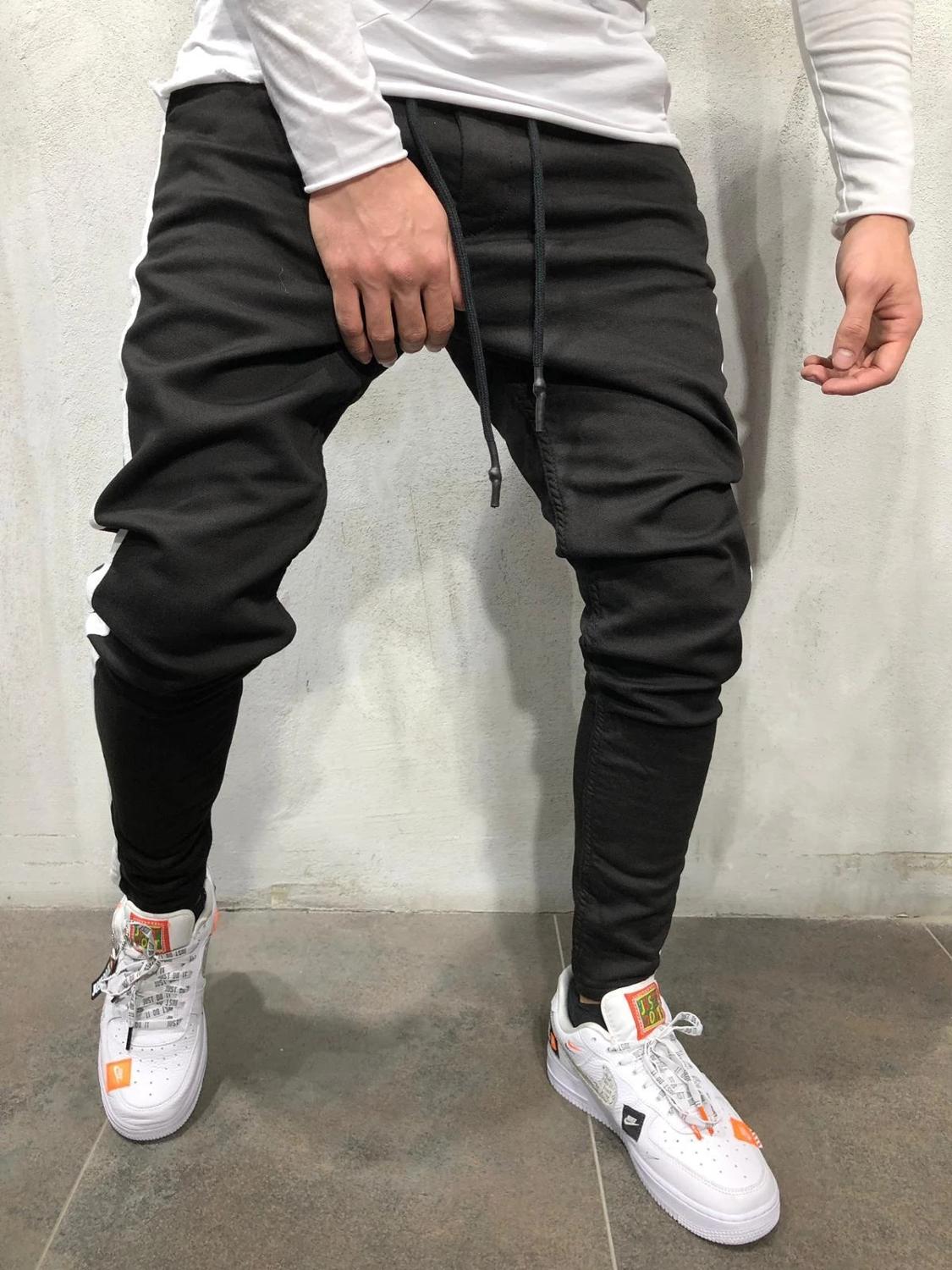 Mens Side Stripe Skinny Black Denim Jeans Hip Hop Streetwear Plus Size Slim Cotton Jeans Men Elasticity Skinny Jeans