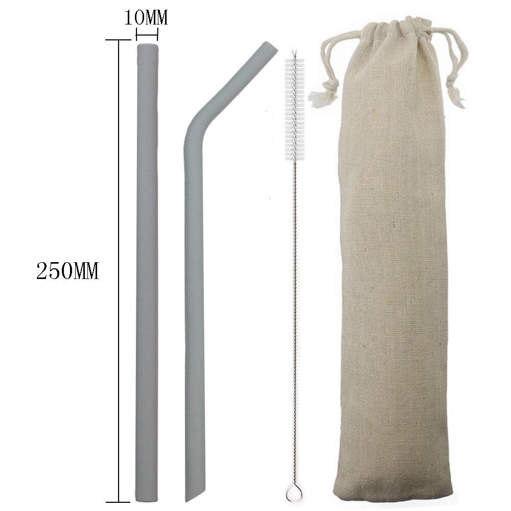 250MM Silicone Straw Reusable Drinking Straw Colorful Flexible Straw Wide 10mm Pearl Milk Tea Smoothies Straw With Cleaner Brush: 250MM grey