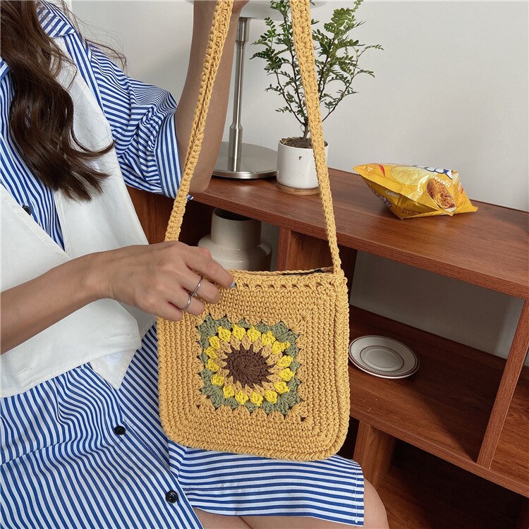 Zomer Mode Zonnebloem Vrouwen Handgemaakte Gebreide Tas Vintage Hollow Geweven Dames Crossbody Tassen Meisjes Kleine Vierkante Schoudertas