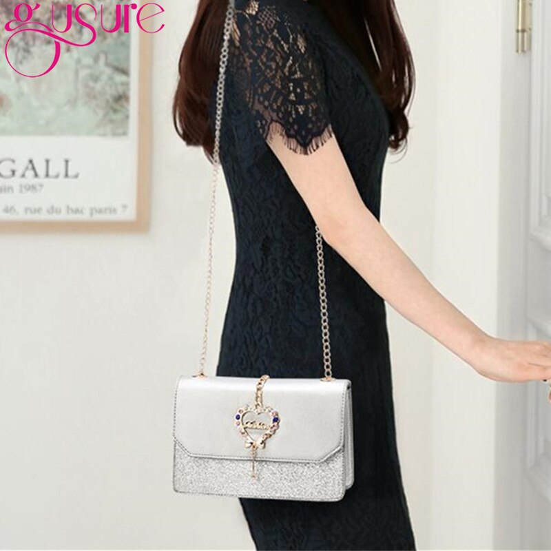 Gusure Shoulder Bag - Heart Sequin Flap - Chain Strap - Small PU Purse for Women