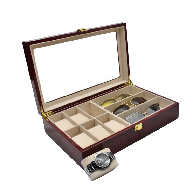 Caja de madera para reloj de lujo con 6 + 3 rejillas, caja para gafas, caja organizadora para joyería, caja de joyería para ver la caja