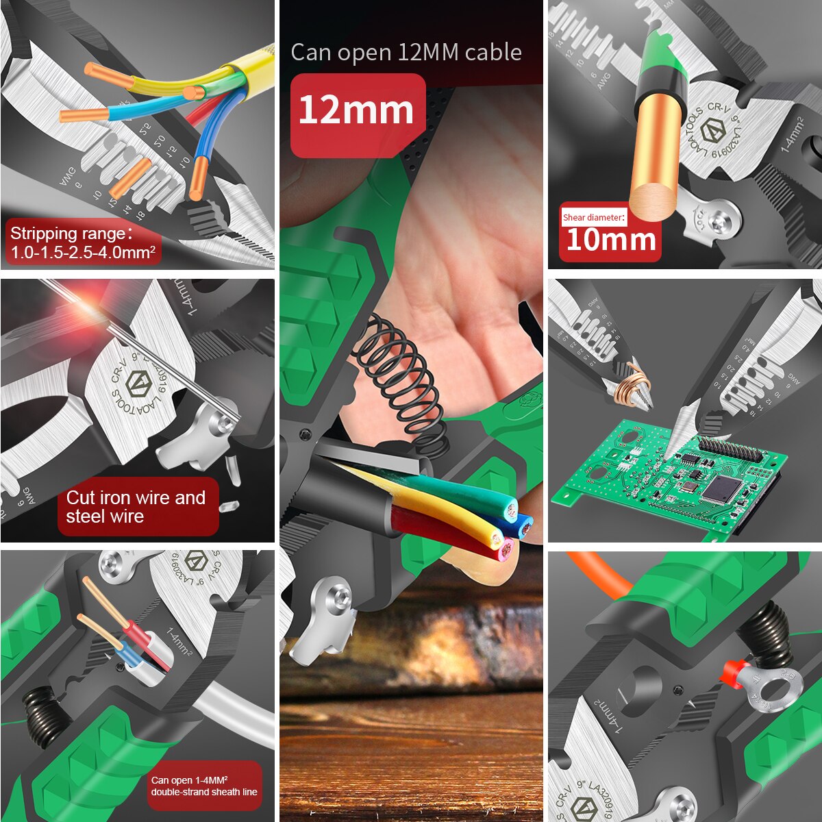 Laoa 9 in 1 elektriker tang multifunksjonell nesetang for wire stripping kabelkutter terminal krymping håndverktøy