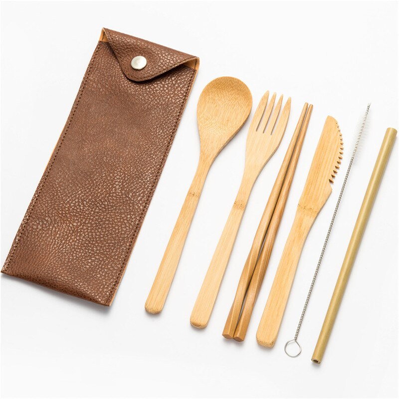 Resebestick set utomhus bambu servis set bestick trä bestick redskap kök inkluderar kniv gaffel sked set för picknick: 7 st bstraw 07