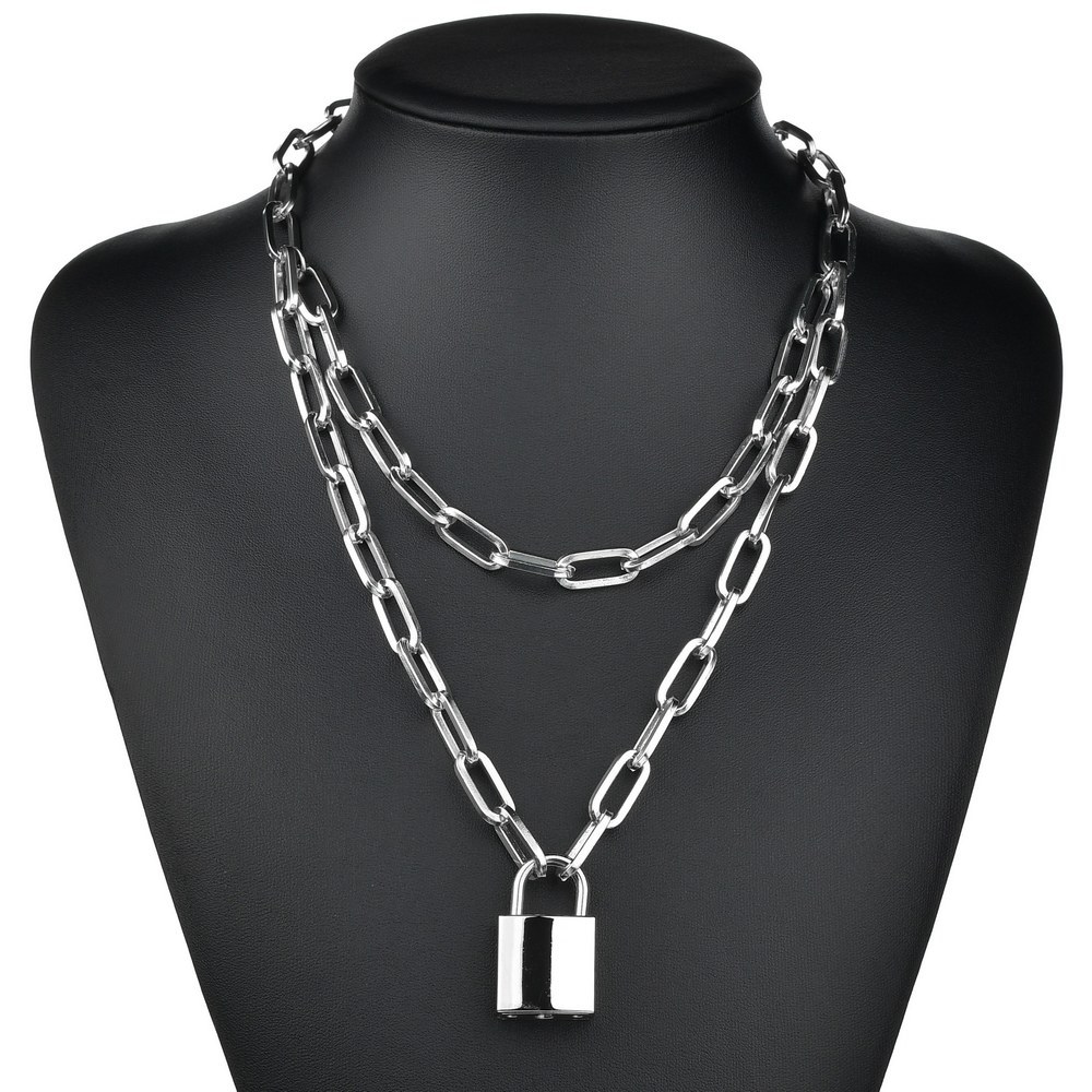 Charmsmic Vintage Gold Silver Color Lock Chain Necklaces Double Layer Link Chain Pendant Necklaces Padlock Mens Punk Jewelry