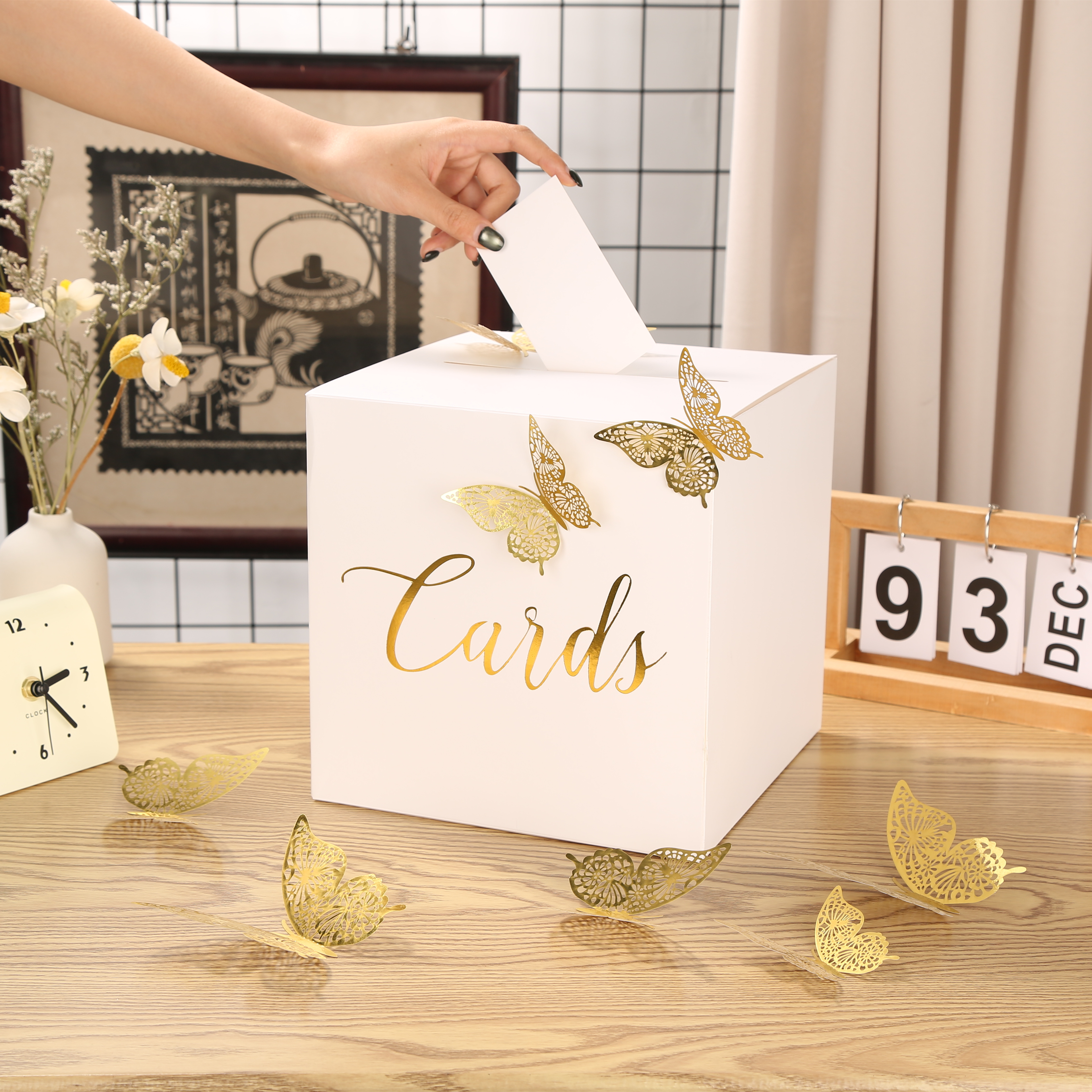 Caja de tarjetas para de cumpleaños de boda, caja de tarjetas de de cartón con letras en relieve y mariposa dorada ahuecada - cuadrado