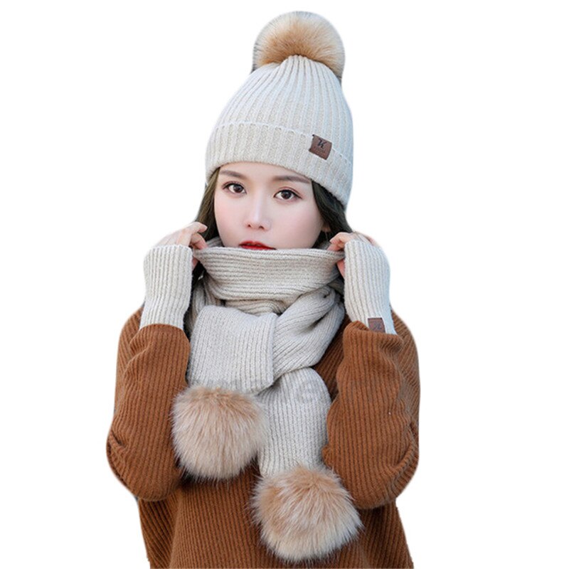 Meisjes warme 3- delige sets wintermutsen sjaal handschoenen voor dames dikke katoenen winteraccessoires set dames muts sjaal handschoenen: Beige