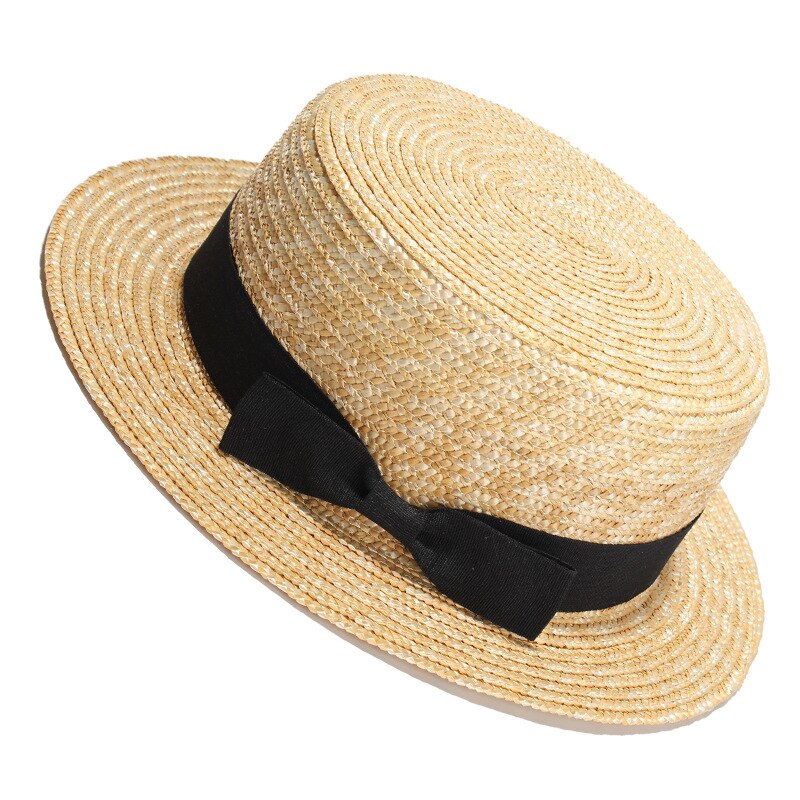 Sun Hats Natural Wheat Straw Boater Top Hat Women Summer Beach Flat Brim Cap Bowknot Ribbon for Sombreros De Sol: 2