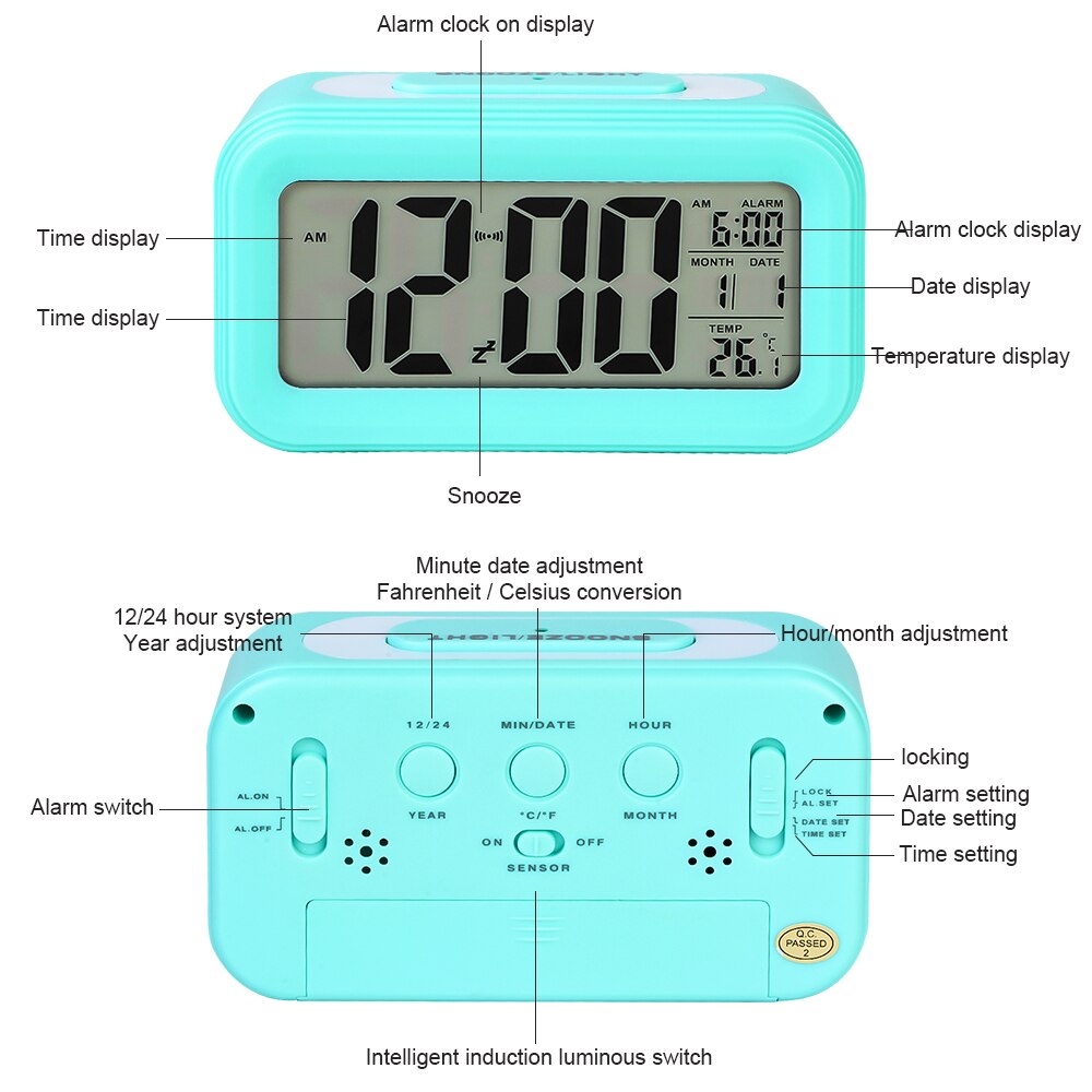 LED Digital Alarm Clock Electronic Clock Smart Mute Backlight Display Temperature & Calendar Snooze Function Alarm Clock