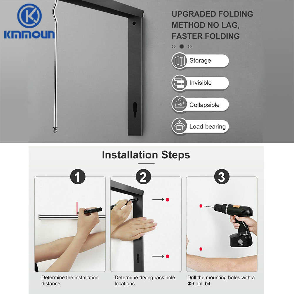 Wandgemonteerde Wasdroger, Opvouwbare Kledingrail Aluminium Stabiliseert Kledinghanger Droogrek Voor Slaapkamer Badkamer Kmmoun