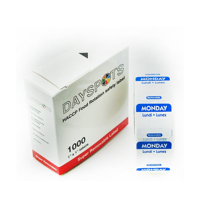 DaySpot HYDS-RL1x1 Each Day of Week Removable Labels 1"X1" Inch Date Stickers for Food Storage Rotation, 1000 labels/roll