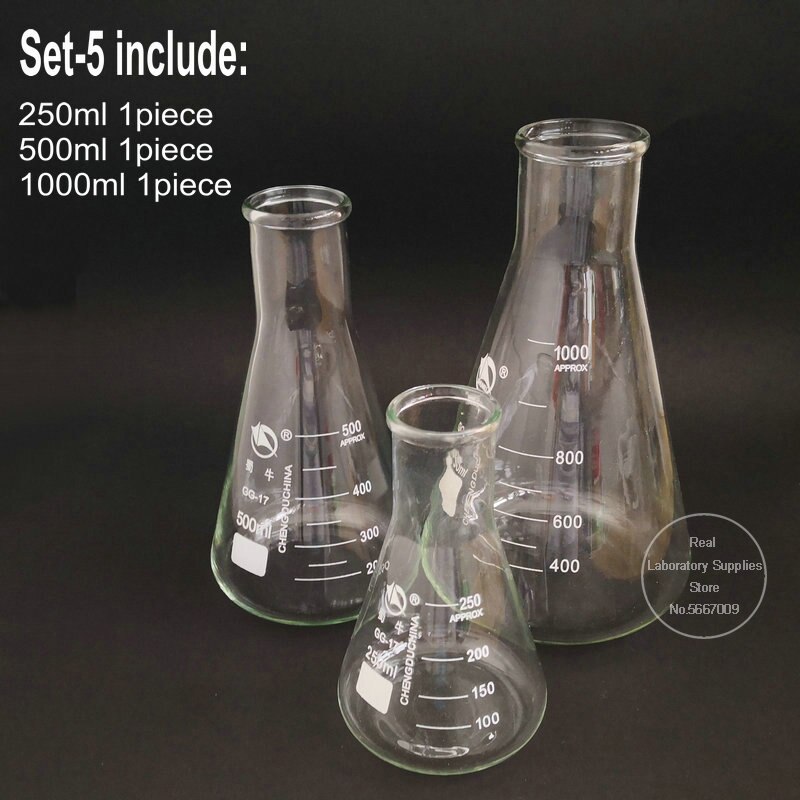 1set Erlenmeyer Borosilicate Glass Flask Wide Neck Conical Triangular Flask for Lab Chemical Equipment