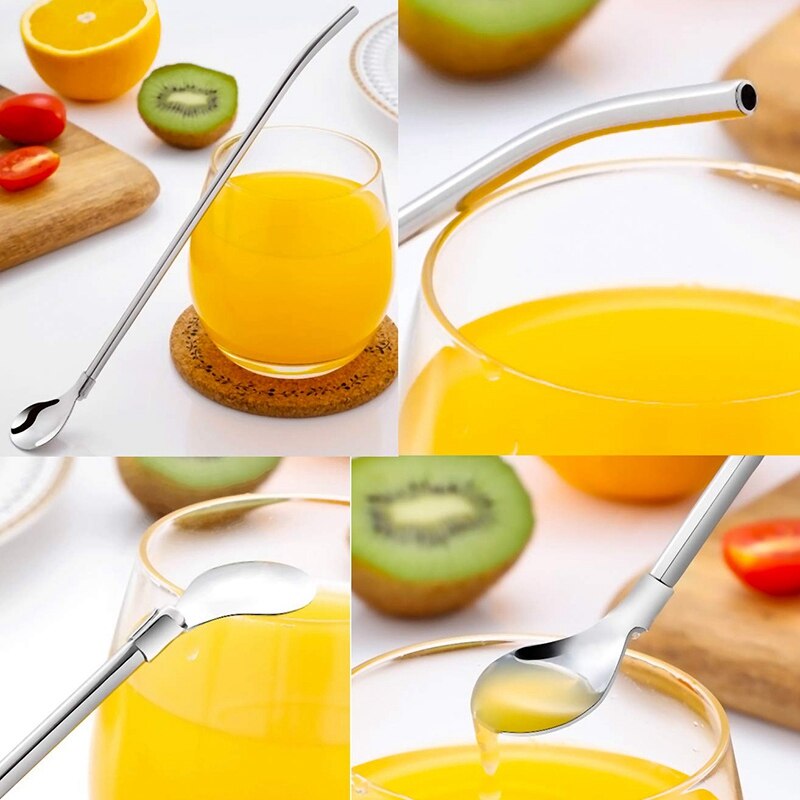 Reusable Spoon Drink Straws Value Pack 6Pcs with 2 Clean Brush - Metal Drinking Straw Spoon 7.5 Inch Long for 20Oz Tumblers