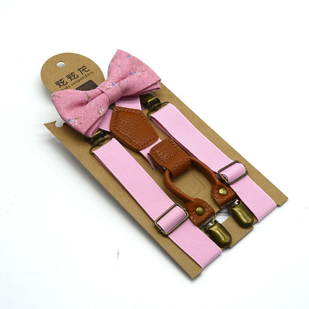 Bretelles assorties chaudes bretelles et ensemble de noeud papillon de luxe enfants enfants garçons mariage bretelles y-back noeud papillon élastique enfants réglables: pink