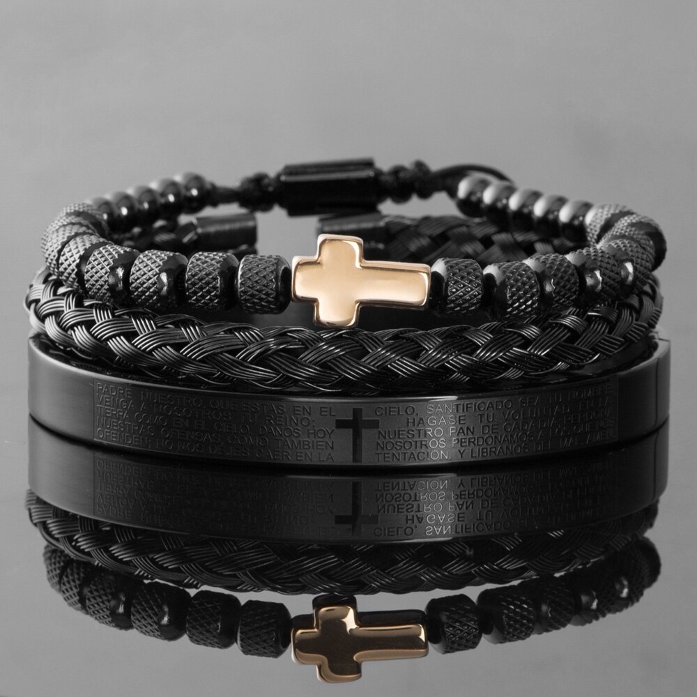 Luxury Set Stainless Steel Bracelet Hip Hop Men Jewelry Cross Charm Open Brangle Carving Spanish Scripture Pulseira Bileklik: Black Gold Cross A