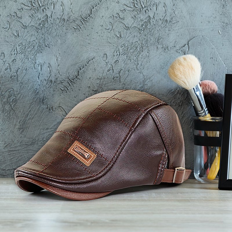Boina plana de cuero para hombre, gorro cálido, ajustable, Retro, , Otoño e Invierno