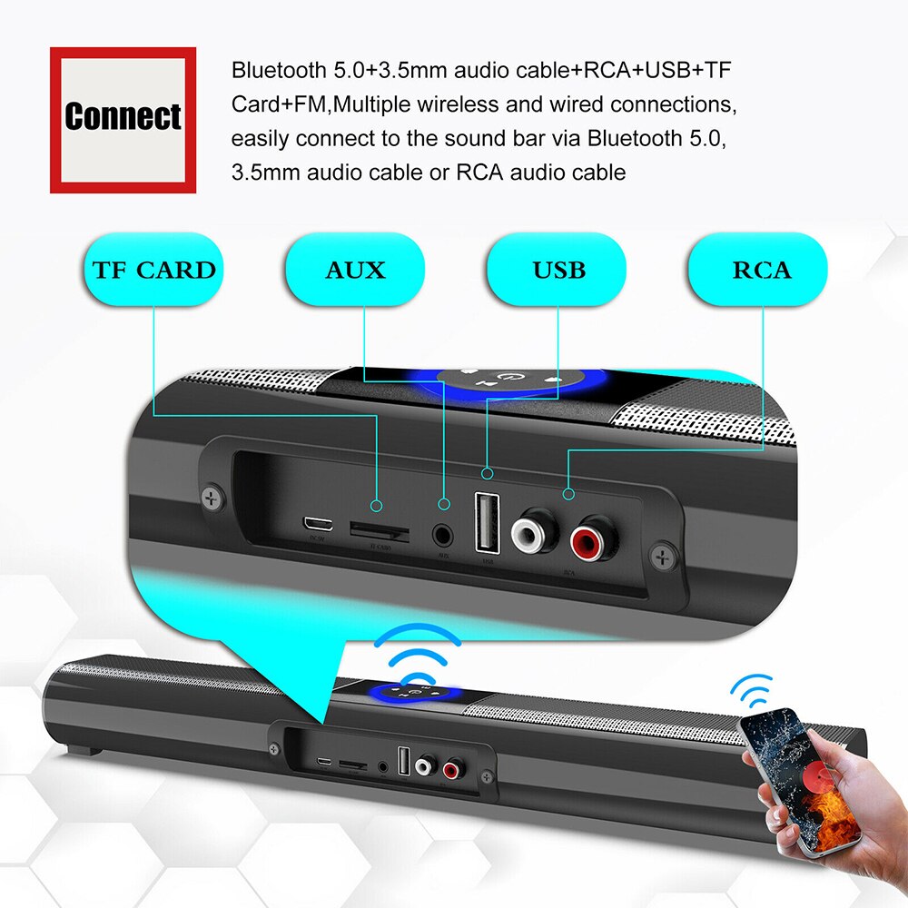 Wireless Bluetooth 5.0 Sound Bar Subwoofer Stereo Speaker Powerful FM PC Home TV Theater Surround Soundbar with Remote Control