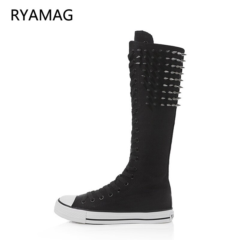 Ryamag-Botas planas de lona con remaches para mujer, calzado con cordones y cremallera, vulcanizado, Botas Largas, Punk,