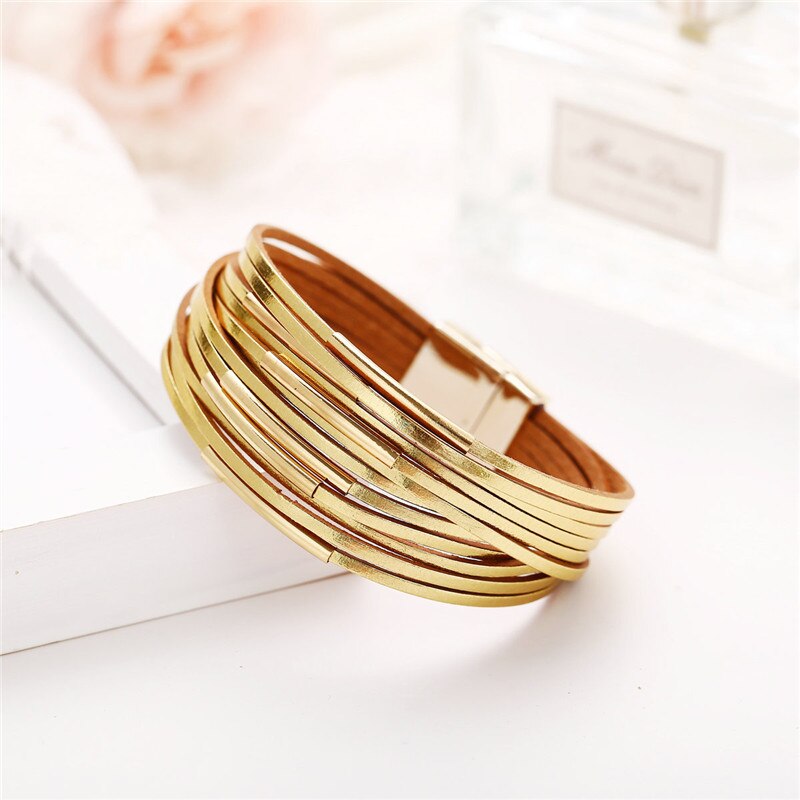 WOOZU unisex Goldene Leder Armbinde Punk Armbänder & Armreifen Elegante mehrschichtig Breite wickeln Armbinde Schmuck