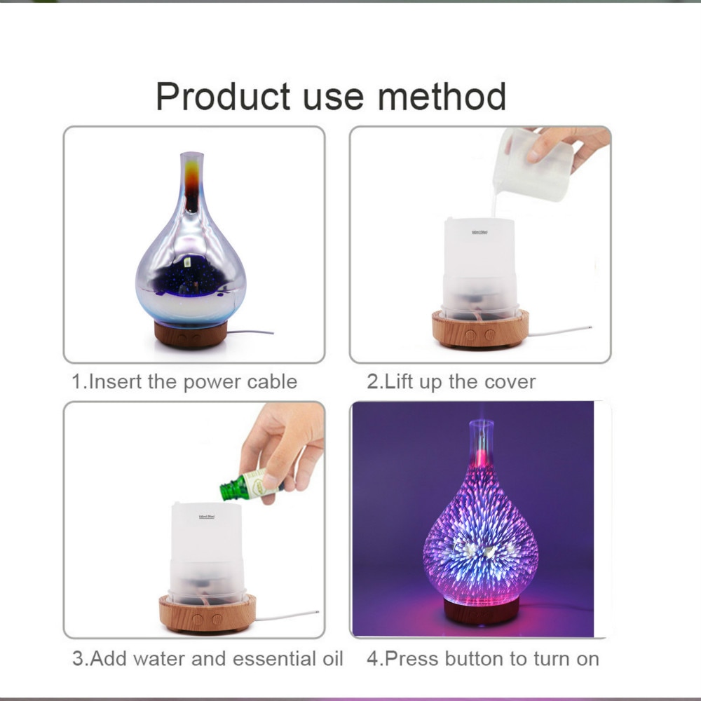 Essential Oil Diffuser 3D Glass Aromatherapy Ultrasonic Humidifier - 7 Color Changing LEDs, Waterless Auto-Off,BPA Free for Home