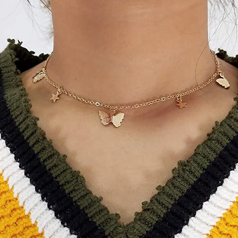 Women's Personality Pendant Butterfly Star Necklace Romantic Chain Necklace Girl Teen Friends Friends