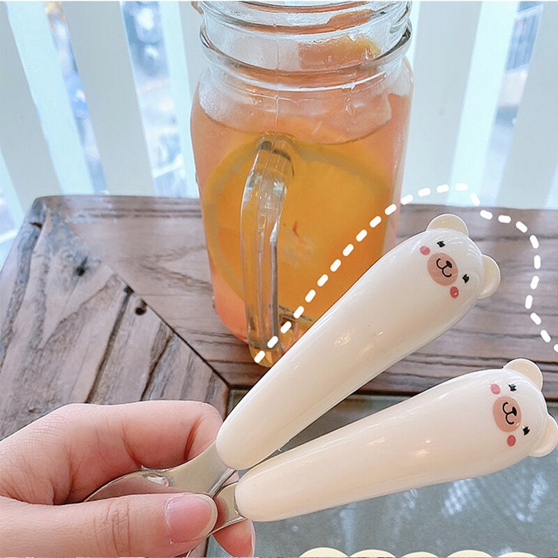 Kawaii Bear Cutlery Set Ceramics Handle 304 Stainless Steel Spoon and Fork Set Kitchen Dinnerware Flatware for Kids Adults