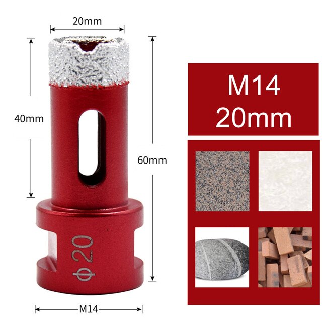Brocas de núcleo de diamante soldado al vacío, rosca M14 de 6-68mm, para mármol, cerámica, porcelana, azulejo, vidrio, sierra de agujero, broca para escariar hormigón: 20mm