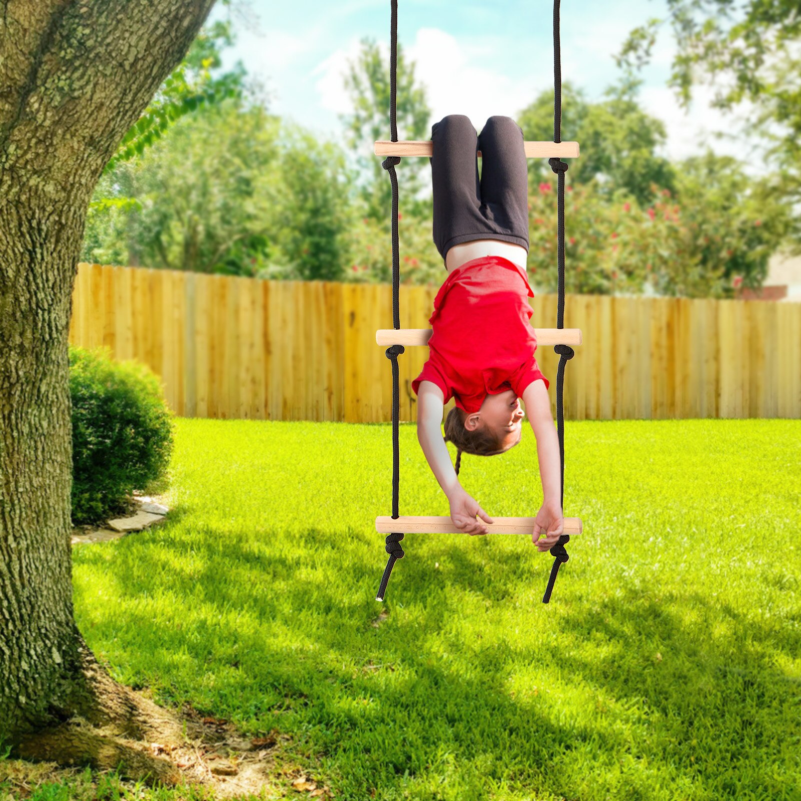 Outdoor Wooden Swing Rope Ladder with 2 Hooks Kids Climbing Obstacle Game Hanging Ladder Swing Playground Set