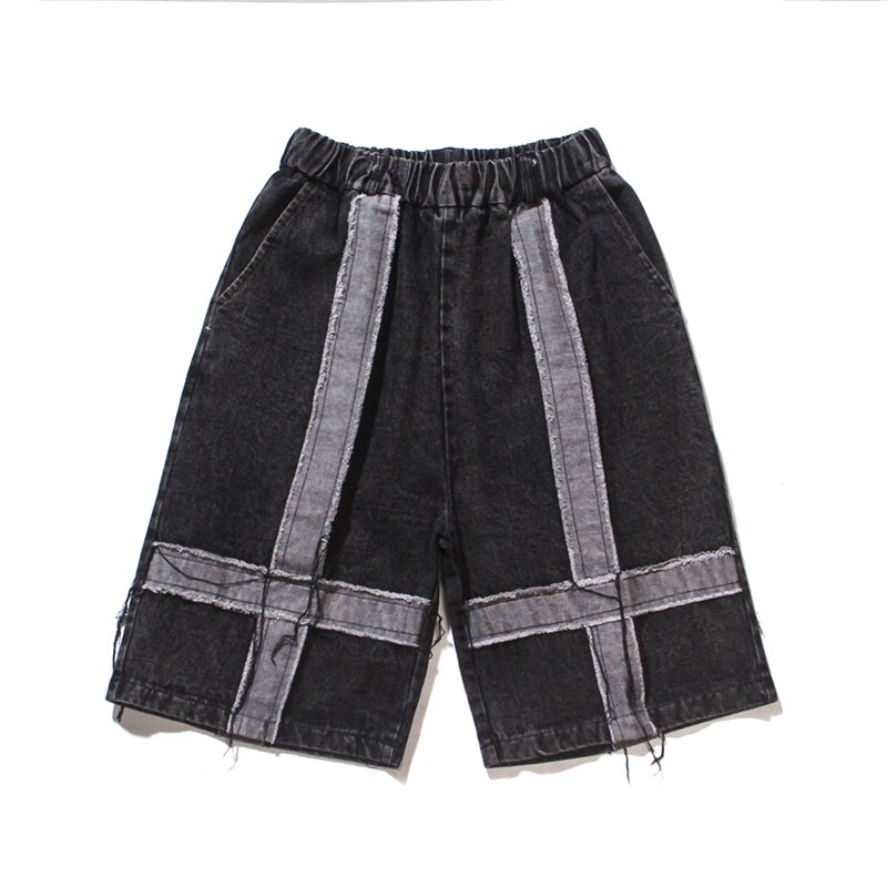 Harajuku Retro Cross Spliced Distressed Denim Shorts for Men Elastic Waist Straight Oversize Casual Summer Jeans Short: asian M