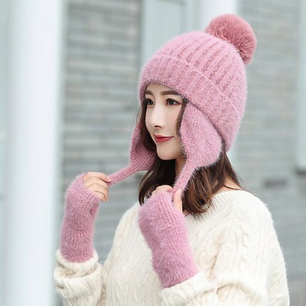 Winter Vrouwen Wol Gebreide Bomber Hoed Effen Harige Ballen Zoete Dikke Plus Fluwelen Oorklep Caps Outdoors Warm Russische Ushaka Elastische: Purple / Hat and Gloves