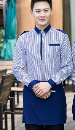 Work Wear Long Sleeved Autumn Winter Waiter Uniforms for Women and Men 2 Pcs Top / Apron: blue  Men / L