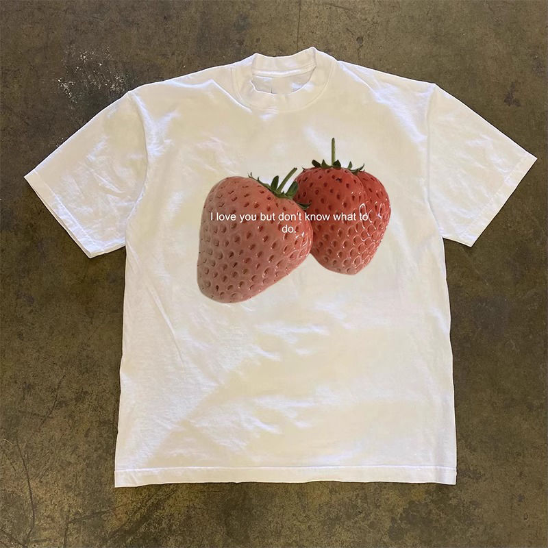 Camiseta de algodón puro con estampado gráfico de fresa para hombre y mujer, ropa de urbana de manga corta, Top Kawaii Y2k de otoño: XXXL / Beige