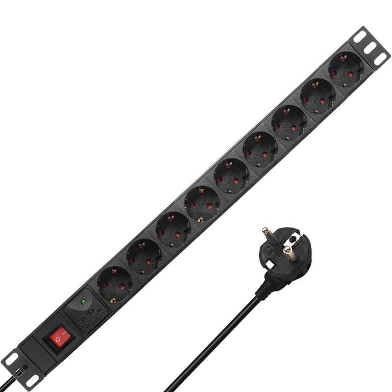 16A 2/12 Unit German PDU Network Cabinet Rack European Standard Regulation Socket Outlet Switch EU Power Strip Distribution: 9 Unit