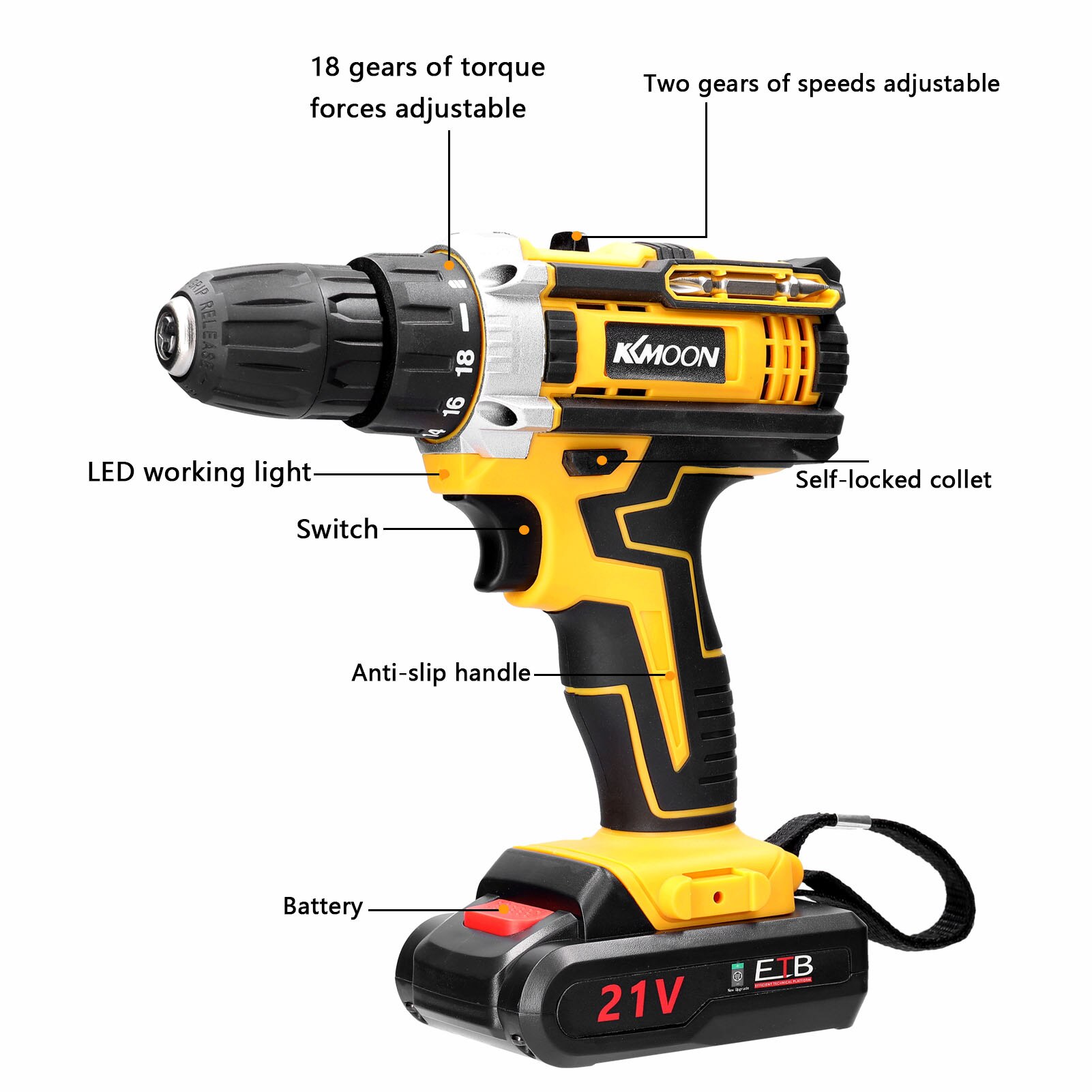 21V Cordless Electric Drill Brush Motor 2 Speeds Adjustment 18 Gears of Torque Adjustable Holes Drilling Machine