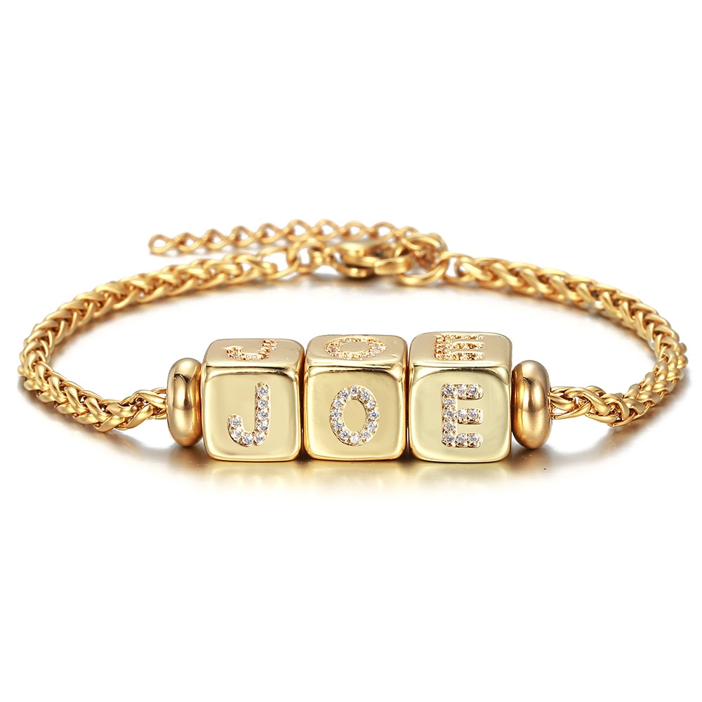 Pulsera con letras iniciales de A-Z para hombre y mujer, abalorios de cobre Micro pavé de cubo CZ, pulsera de cadena de trigo de 3mm, joyería con nombre artesanal, DB297