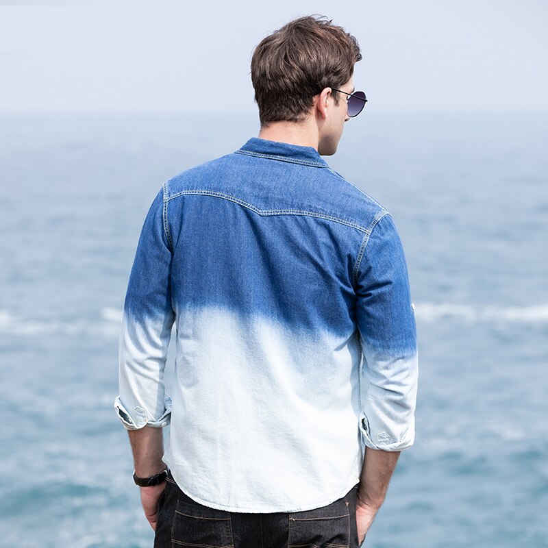 Autumn Men Cotton Denim Shirt Man Brand Long Sleeve Gradient Blue Shirts Male Casual Slim Fit Jeans Clothing