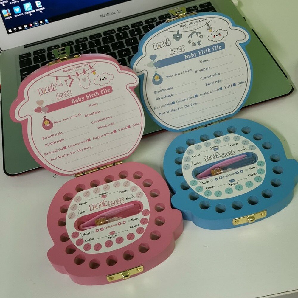 Wooden Baby Tooth Box English Milk Teeth Umbilical Organizer Storage Boys Girls Souvenir Case Baby