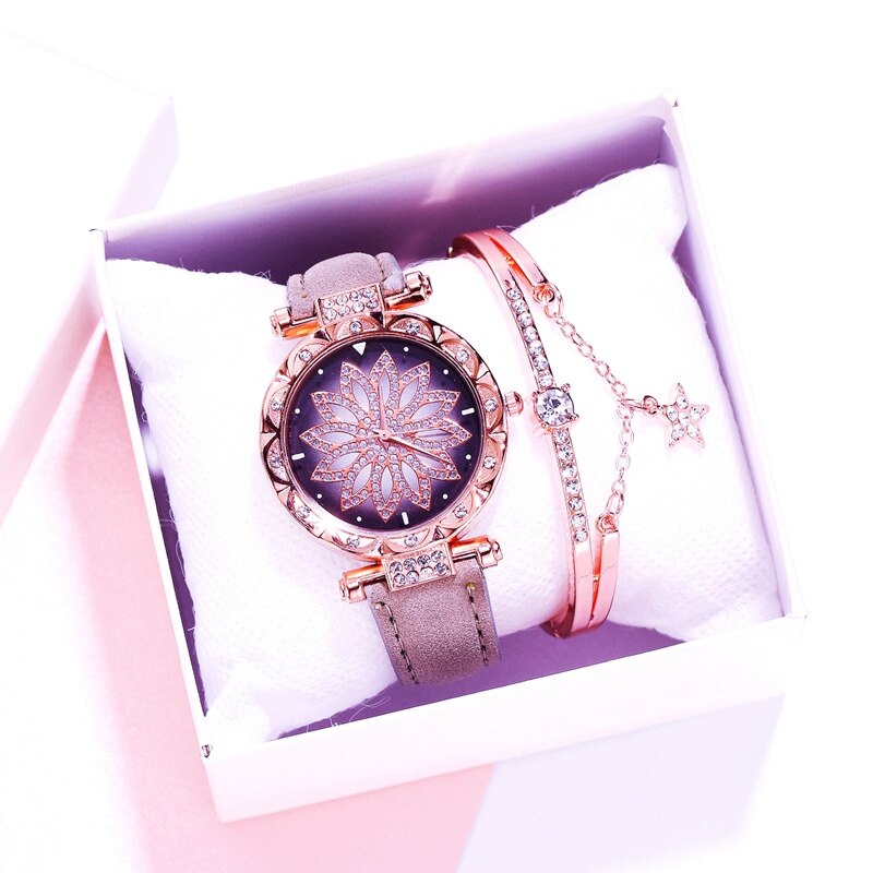 Frauen Uhr Armband 2 stücke Set Starry Sky Damen Armband Uhr Casual Leder Quarz Armbanduhr Uhr Relogio Feminino: Grey Watch Bracelet