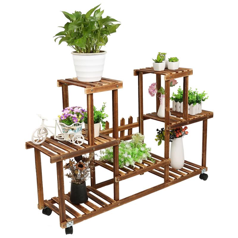 Soporte de plantas y flores de varios niveles, estante de madera, estante de exhibición de bonsái de jardín con cuatro ruedas universales, HWC