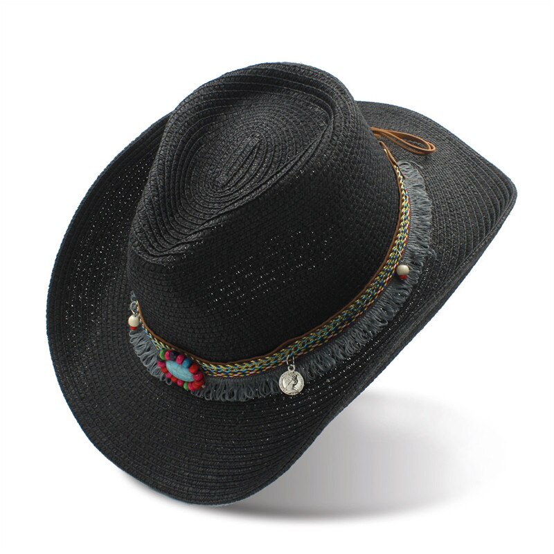 Kvindestøv vestlige cowboyhatte med rullet op bred kant til dame cowgirl jazz hat med kvast sombrero cap sommerstrand solhat: Sort