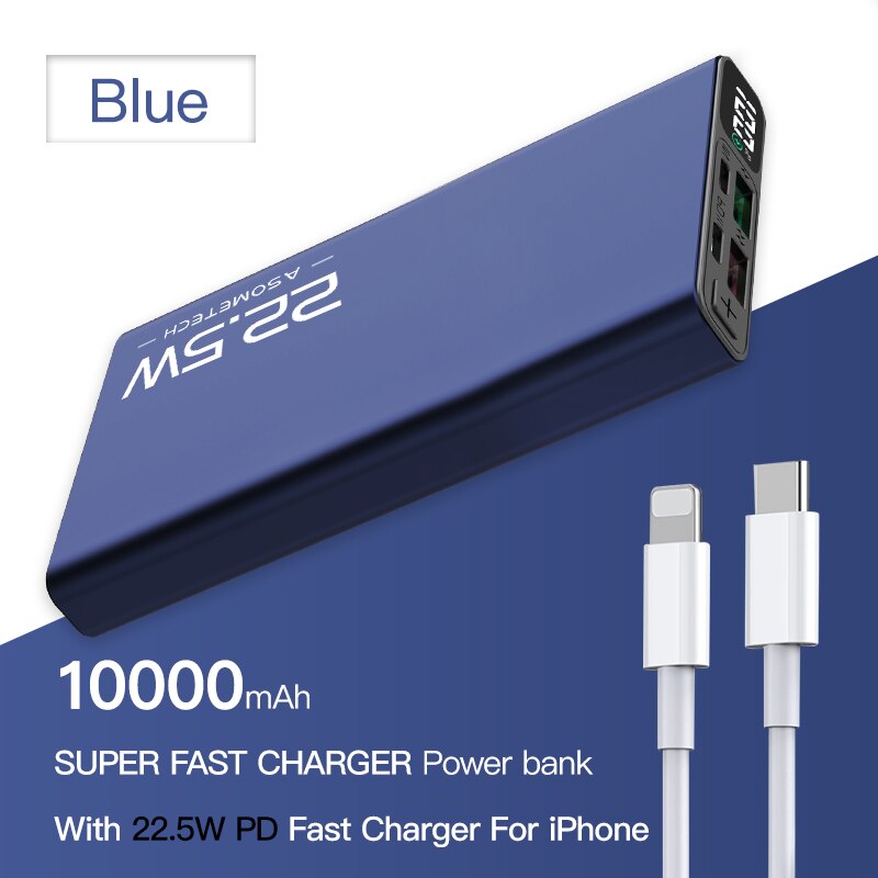 10000mAh Energie Bank 22,5 W QC 4,0 PD VOOC 5A schnell aufladen Energie USB Typ C Zwei-weg schnelle Ladung Externe Batterie Ladegerät: Blau-Apfel Kabel