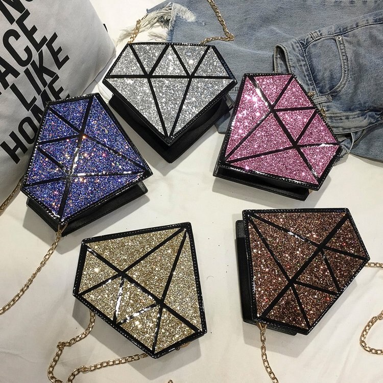 paillettes diamant forme Pu cuir géométrique femmes bandoulière Mini sac de messager sac à bandoulière femme chaîne sac à main